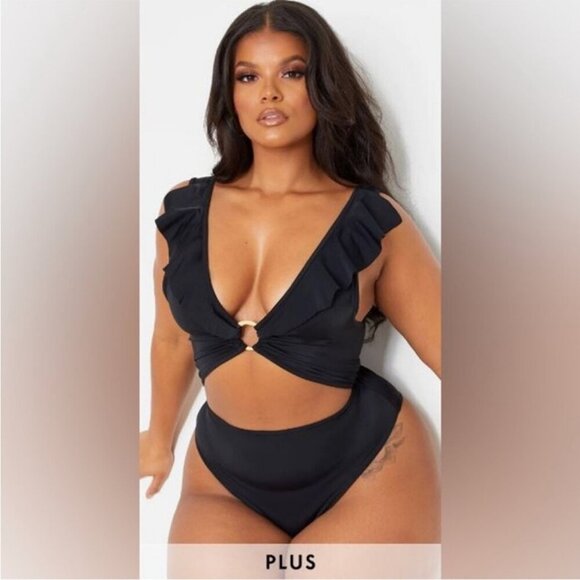 NWT PrettyLittleThing Plus Black Frill Edge Ring Detail Black Swimsuit Size 24 - Picture 1 of 9